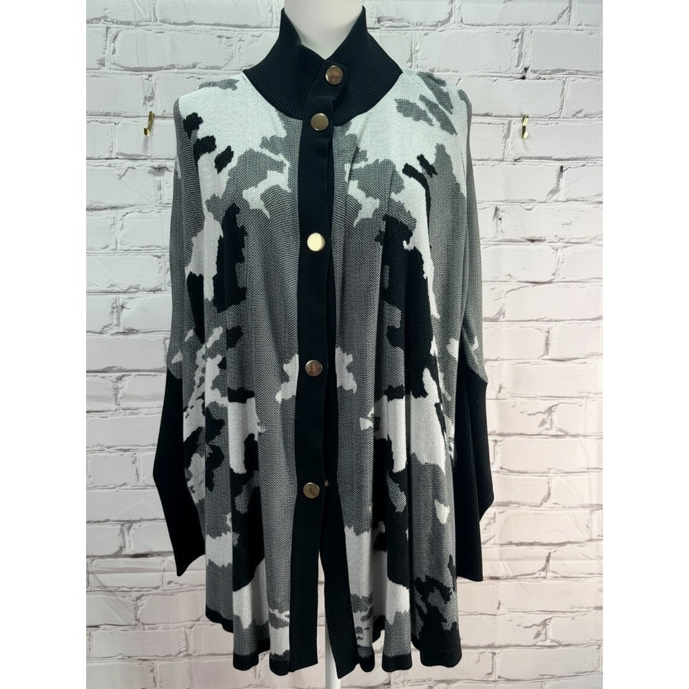 Joseph A Poncho Cardigan Sweater Women L Black Abstract Camo Knit Snap Front